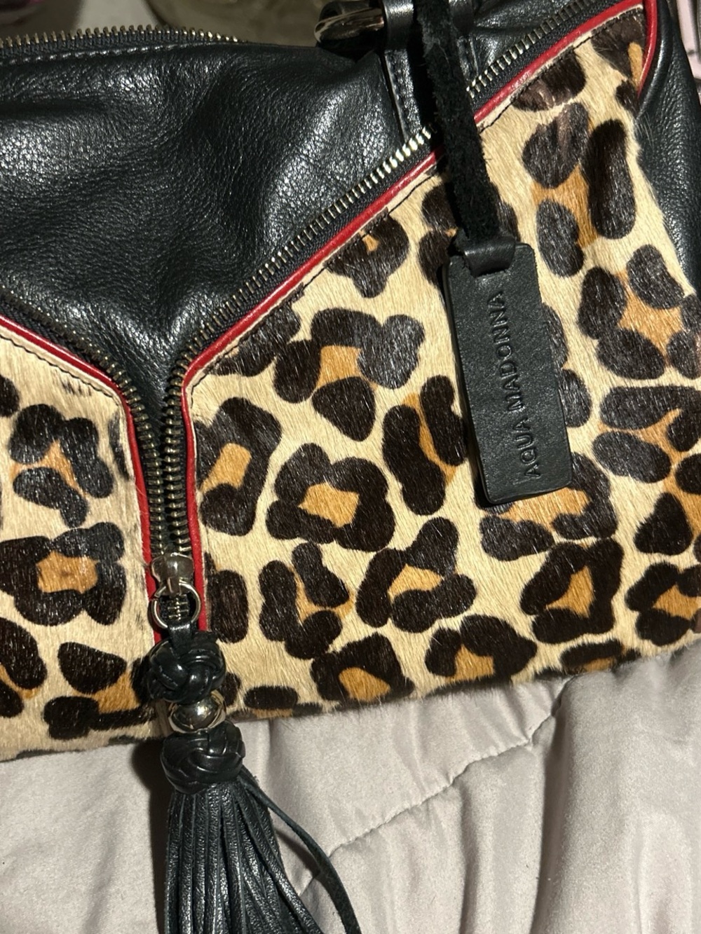 Aqua Madonna Leopard-Print Shoulder Bag with Black Leather Trim and Red Piping